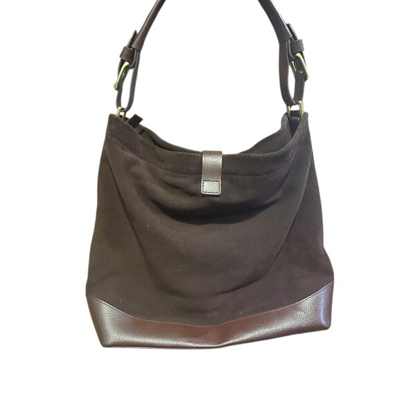 Land’s End Brown Suede Hobo Bag Leather Trim Gold Hardware Boho Slouchy Tote - Picture 6 of 8